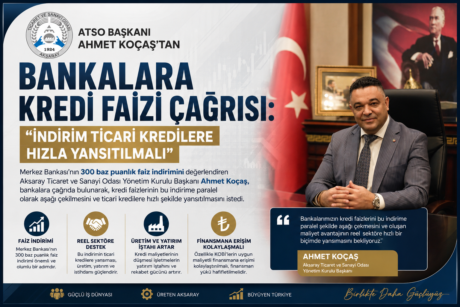 ATSO Başkanı Ahmet Koçaş’tan Bankalara Kredi Faizi Çağrısı: “İndirim Ticari Kredilere Hızla Yansıtılmalı”
